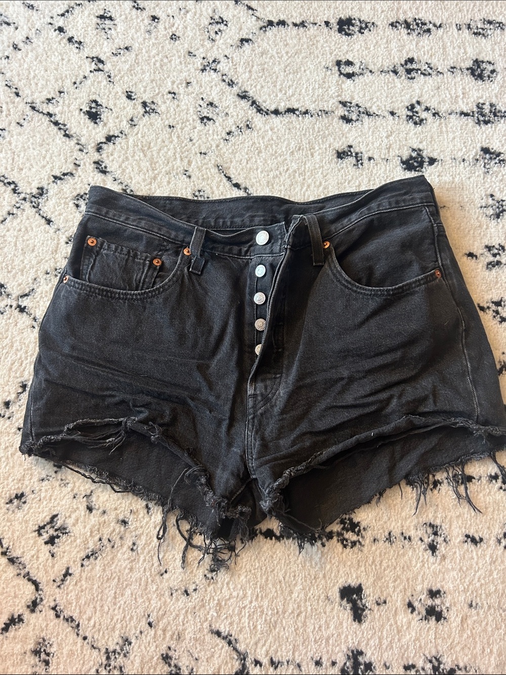 High-Rise Black Distressed Denim Shorts